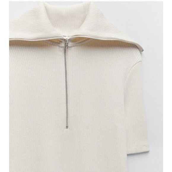 Zara mini t-shirt dress high collar rib knit ivory cream new casual Sz S - Picture 4 of 12